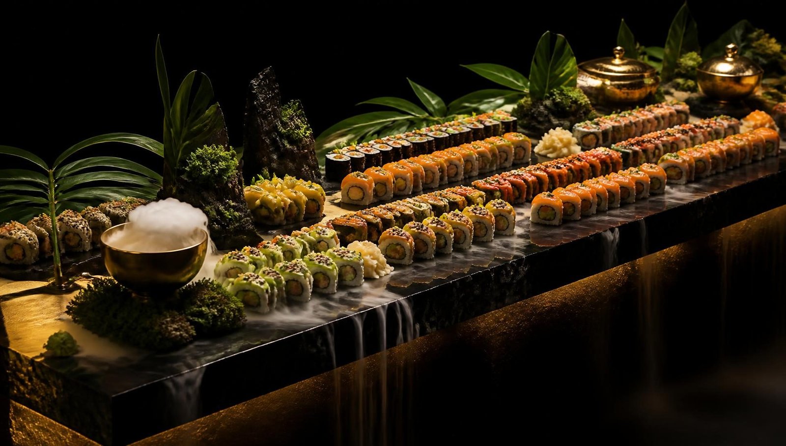 Nami Snake Table met sushi en dry-ice mist